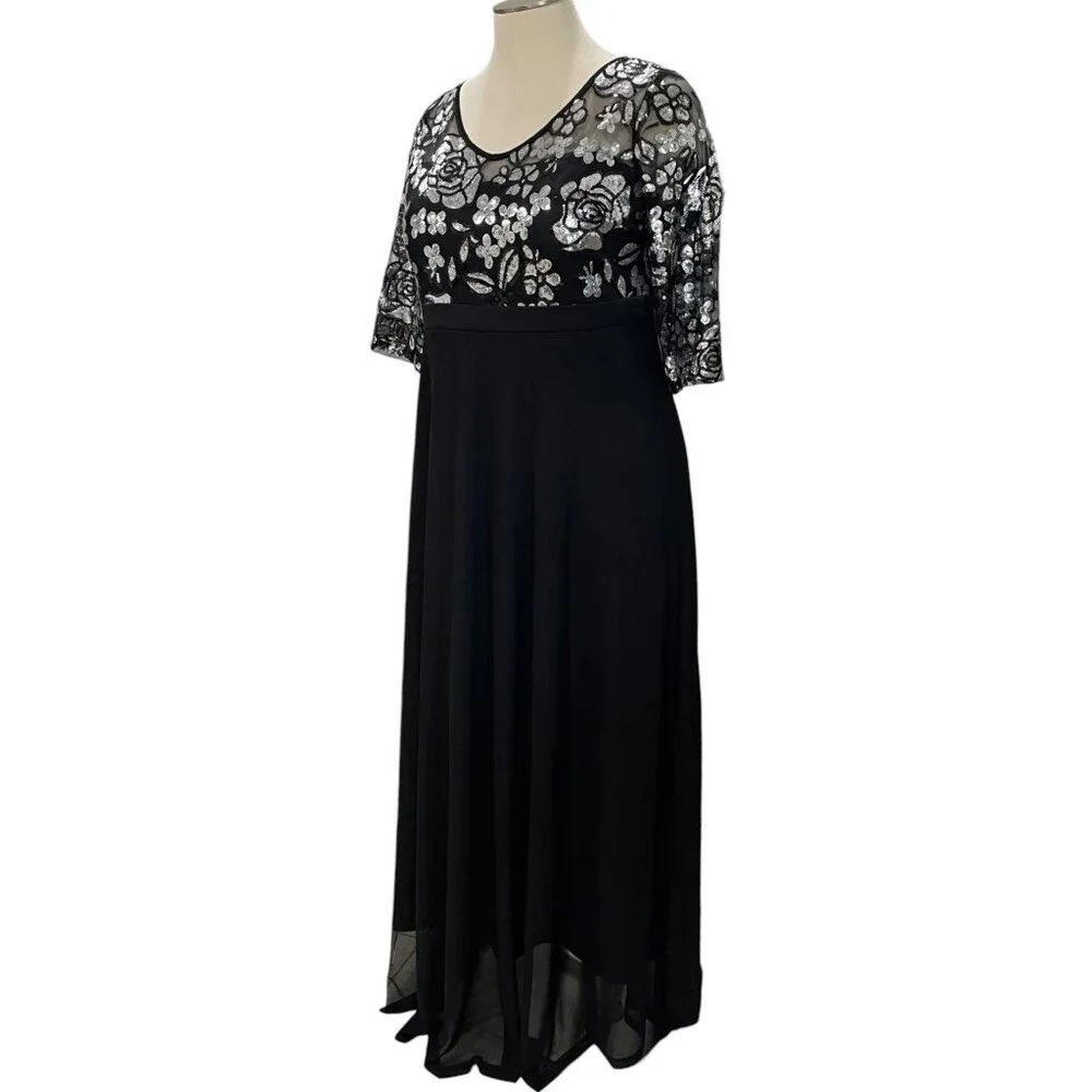 Rosegal 2XL Plus Size Black Silver Sequin Floral Mesh Maxi Evening Formal Dress - Picture 4 of 8